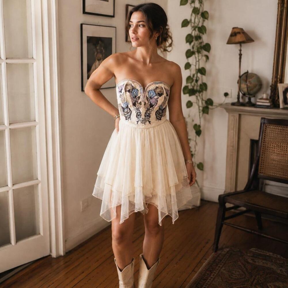 Free People Festive Bodice Embroidered Strapless Tulle Dress 6